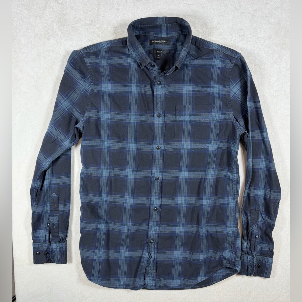 Banana Republic Luxe Flannel Slim Fig Navy and Light Blue Plaid Flannel Shirt